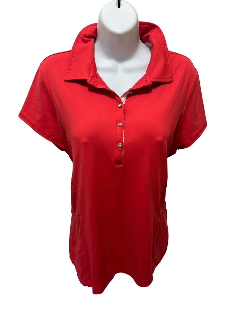 Chico’s Zenergy Golf Polo Shirt Top Sz 2/L Red Rhinestone Buttons Performance